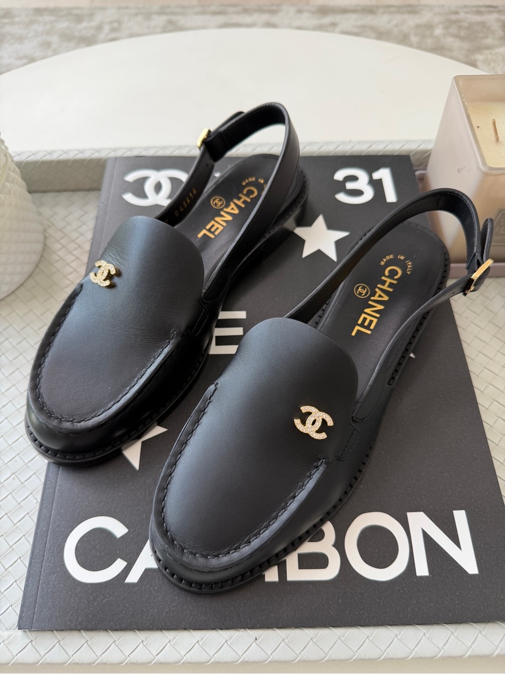Chanel Metiers D’art 26 Strass CC Logo Black Leather Slingback Loafers Flats - Picture 6 of 14